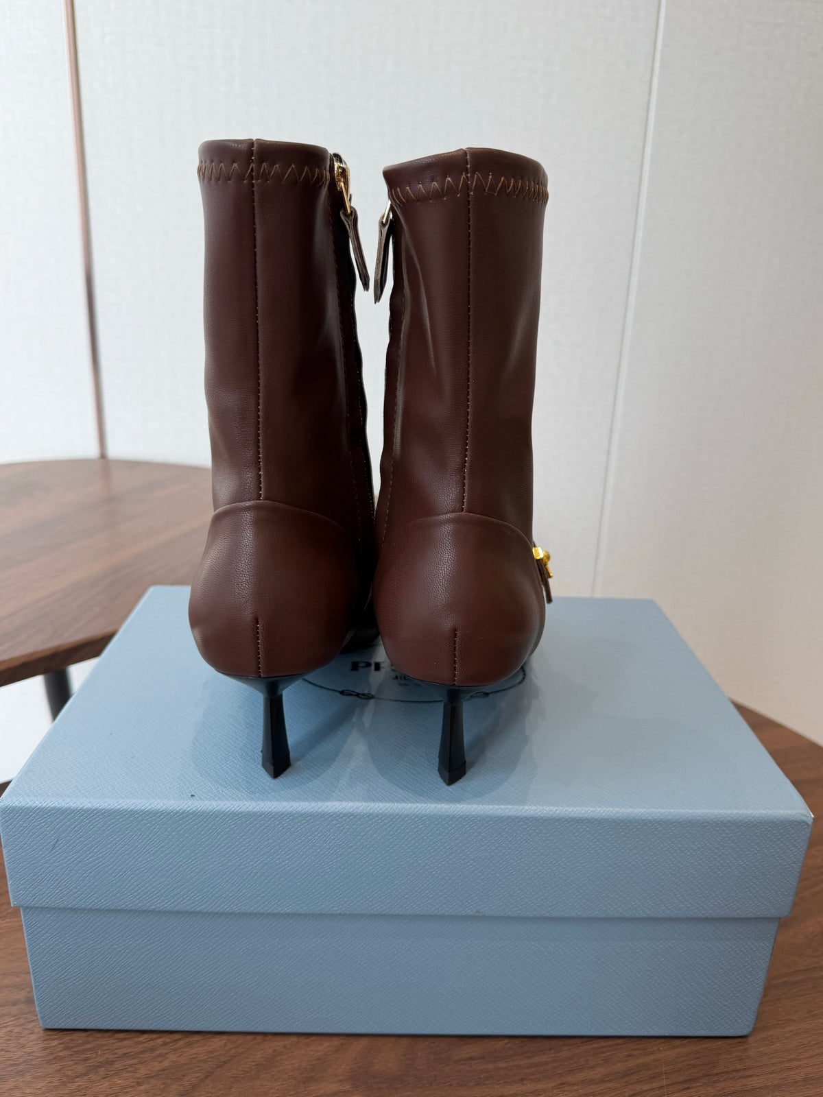 Prada Pointed-Toe Kitten-Heel Boots Brown Leather 158588