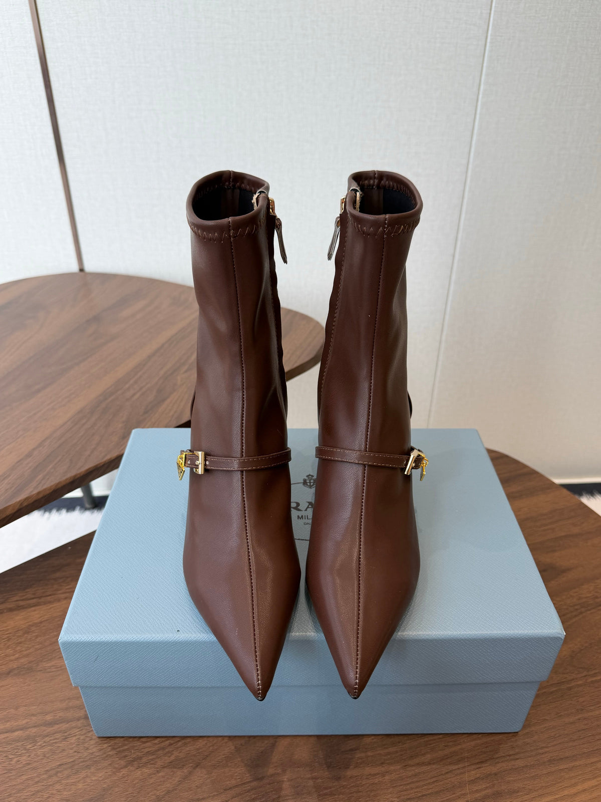 Prada Pointed-Toe Kitten-Heel Boots Brown Leather 158588