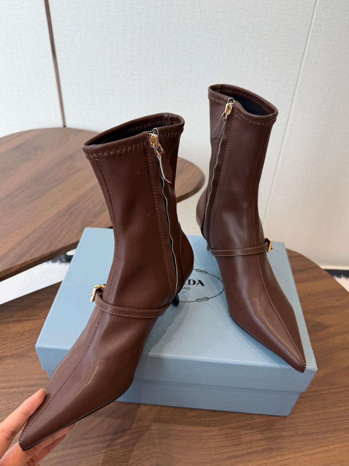 Prada Pointed-Toe Kitten-Heel Boots Brown Leather 158588