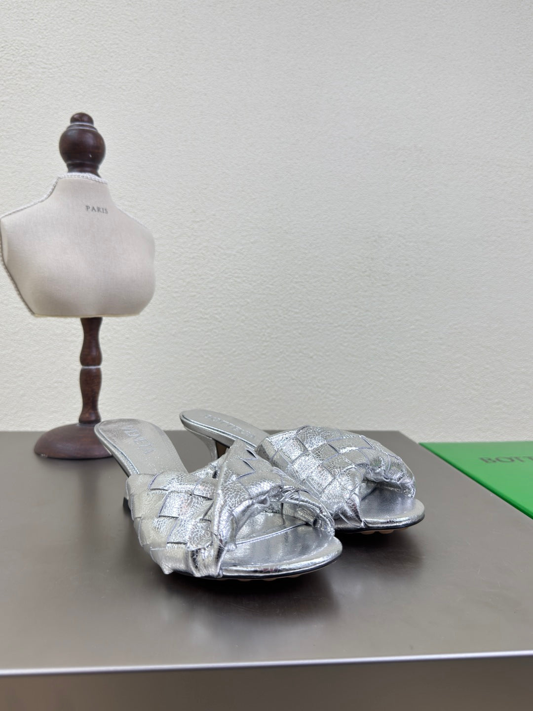 BV Blink Mule 5cm Silver Intrecciato Leather