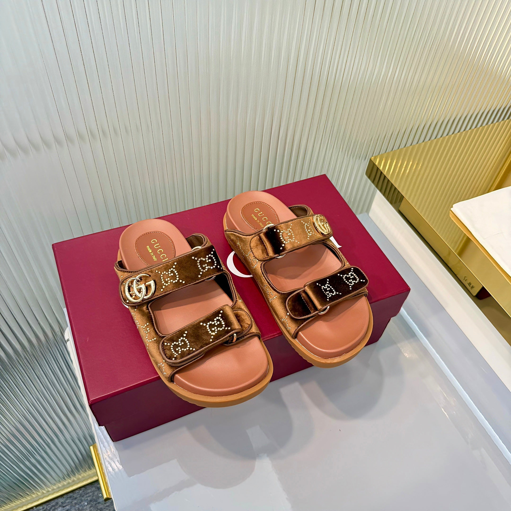 GG 26s Dad Mule Sandals Brown Leather Velvet 714870