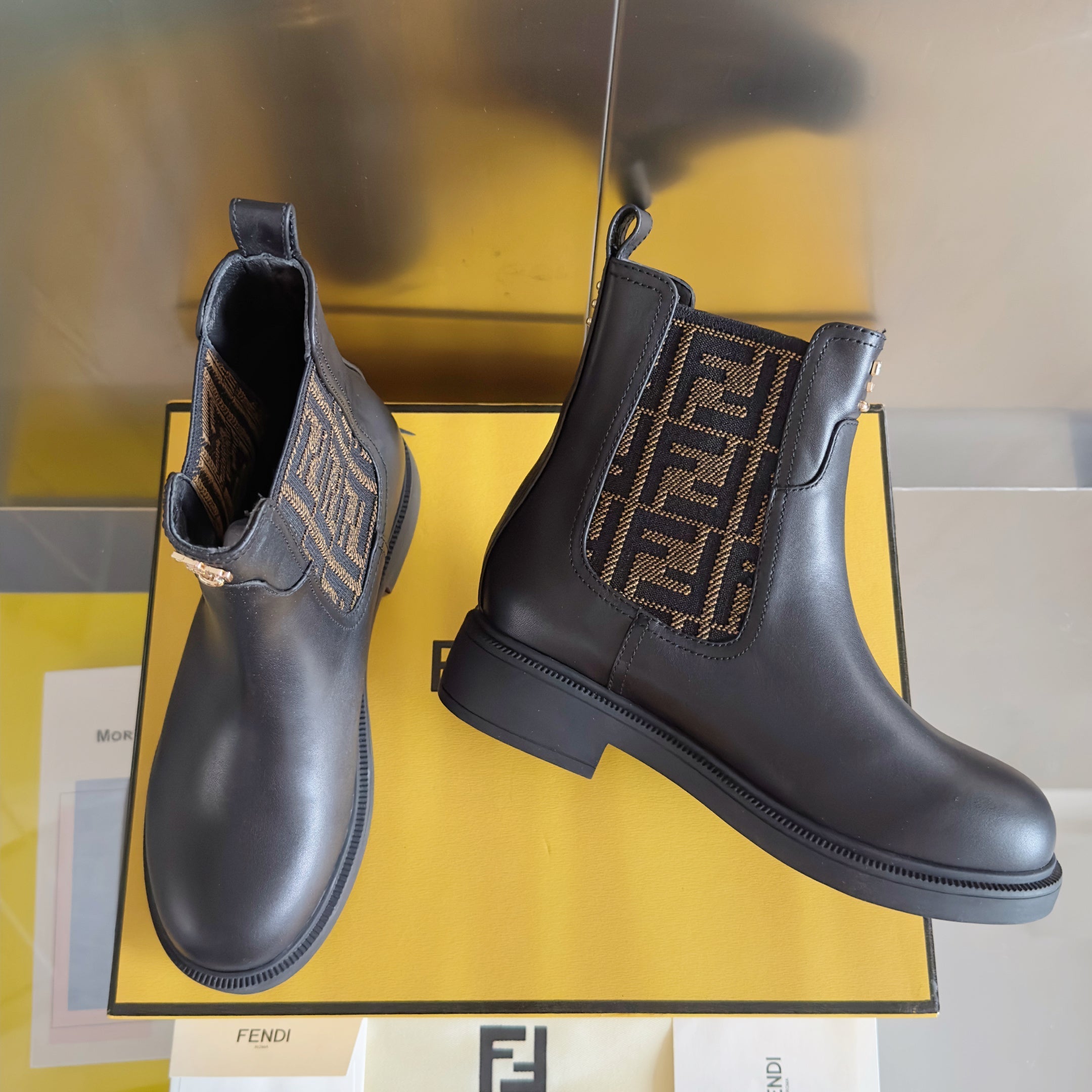 Fendi 2025 FF Monogram Chelsea Boot Black Brown Leather Fabric 553105
