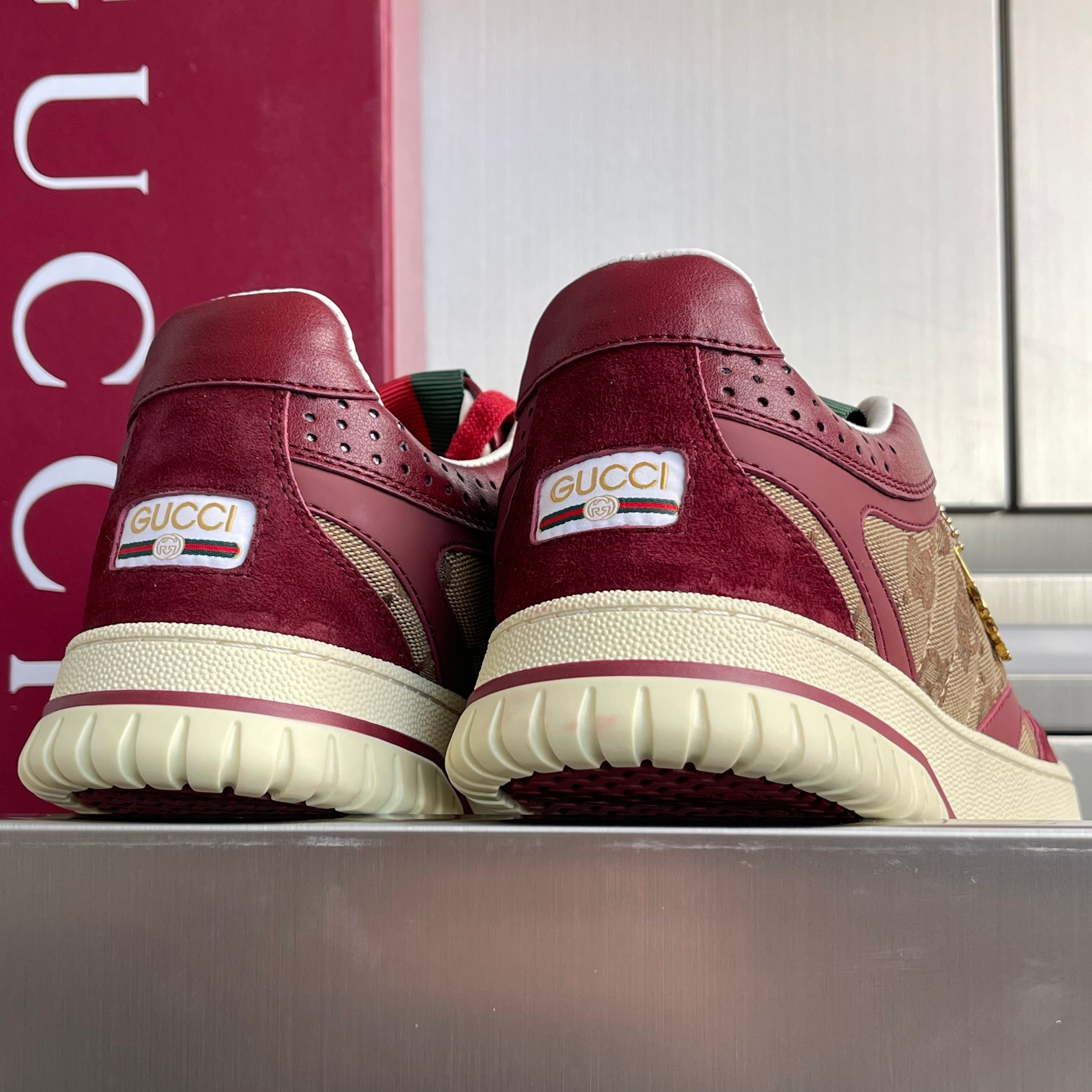 GG Women's Re-Web Trainers Beige Burgundy Cowhide Canvas 609258