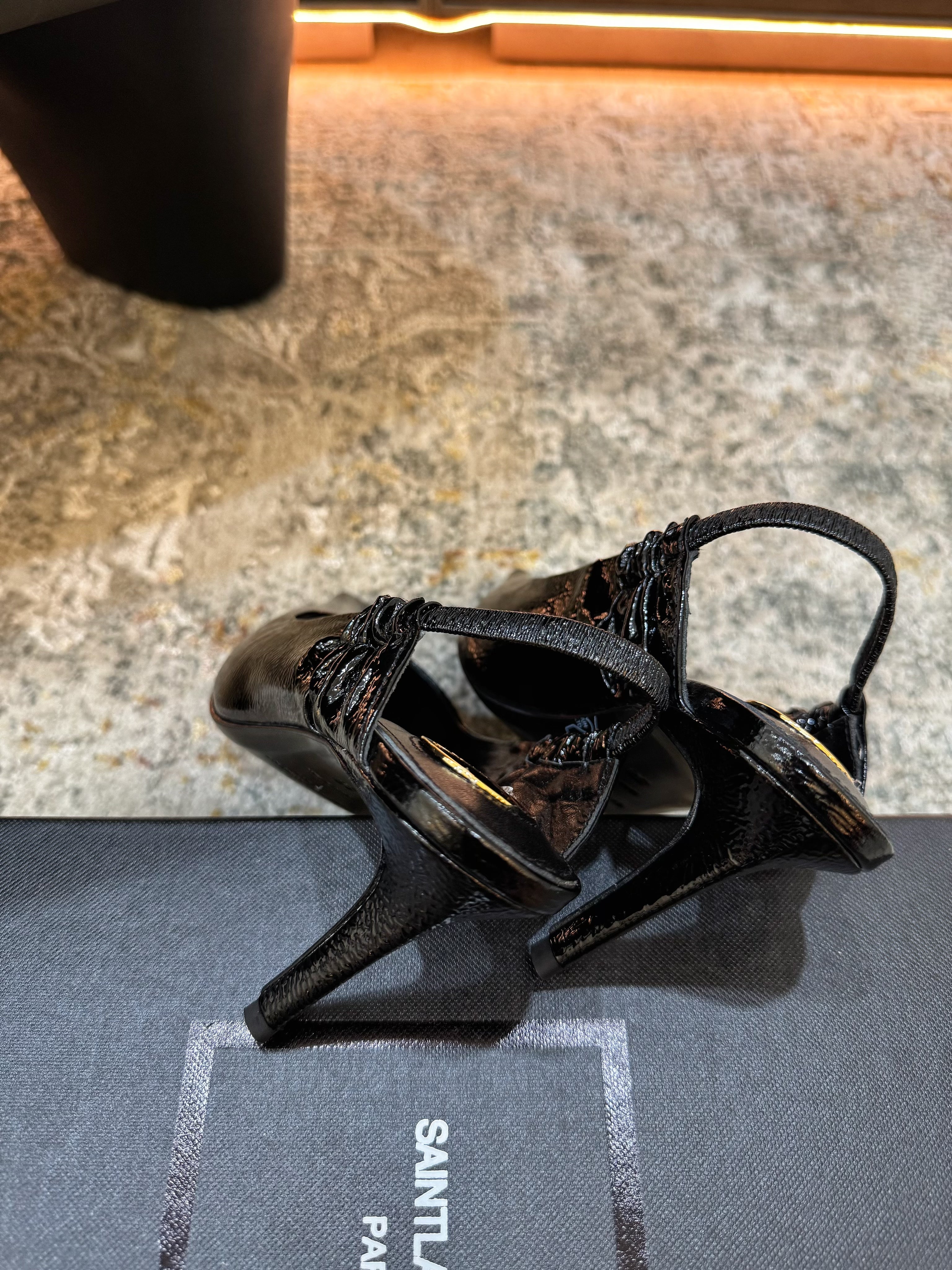 YSL Anne-Marie Slingback 8cm Black Glossy Sheepskin 637224