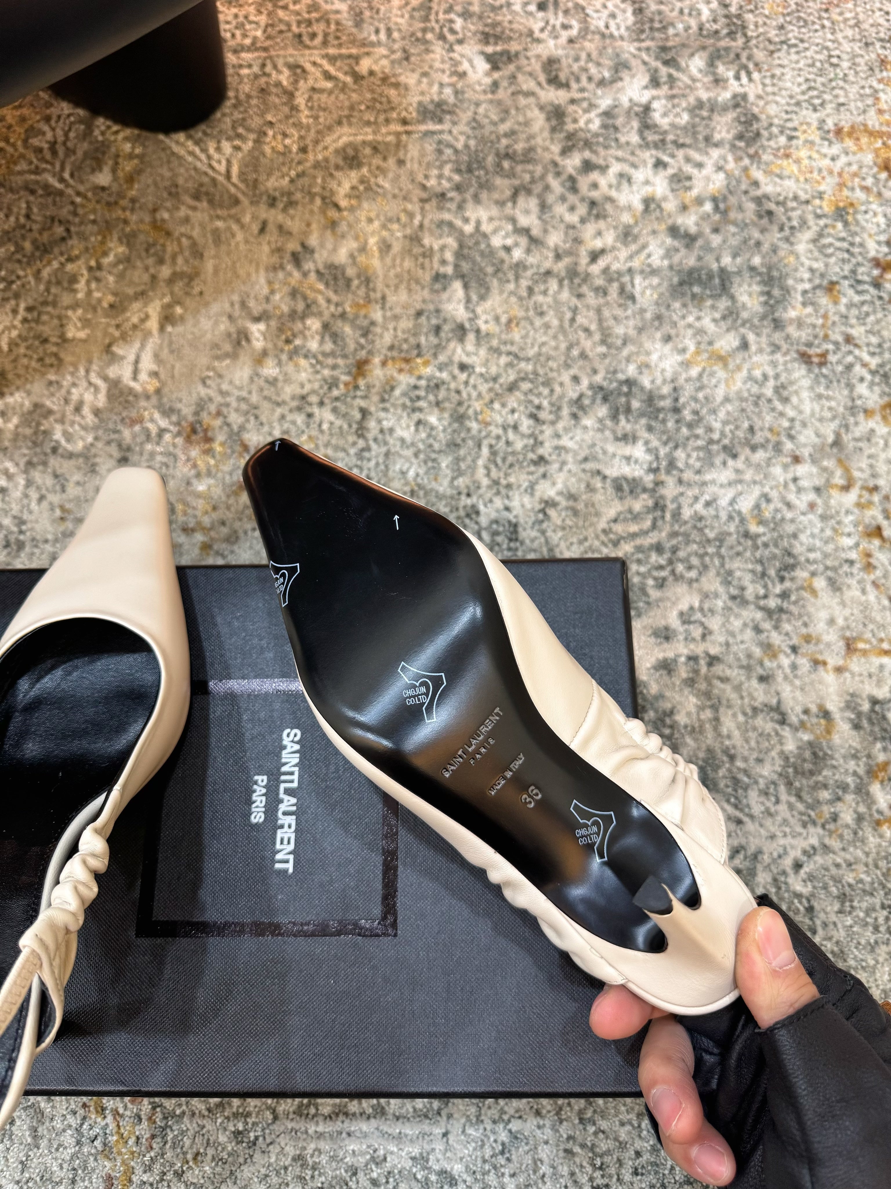 YSL Anne-Marie Slingback 8cm White Sheepskin Silk 637228