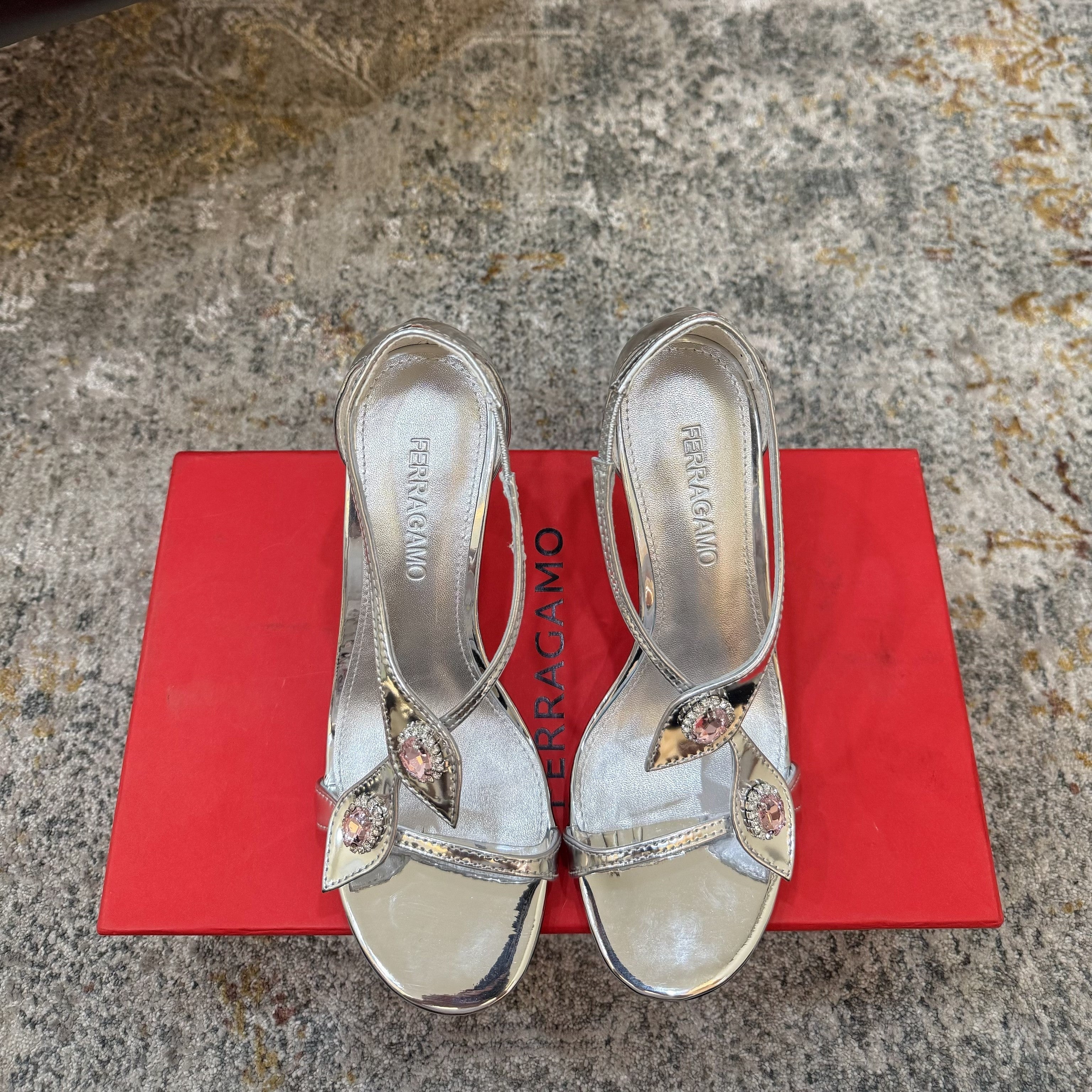 Ferragamo Crystal Embellishments Sandals 9cm Sliver Patent Leather 694843