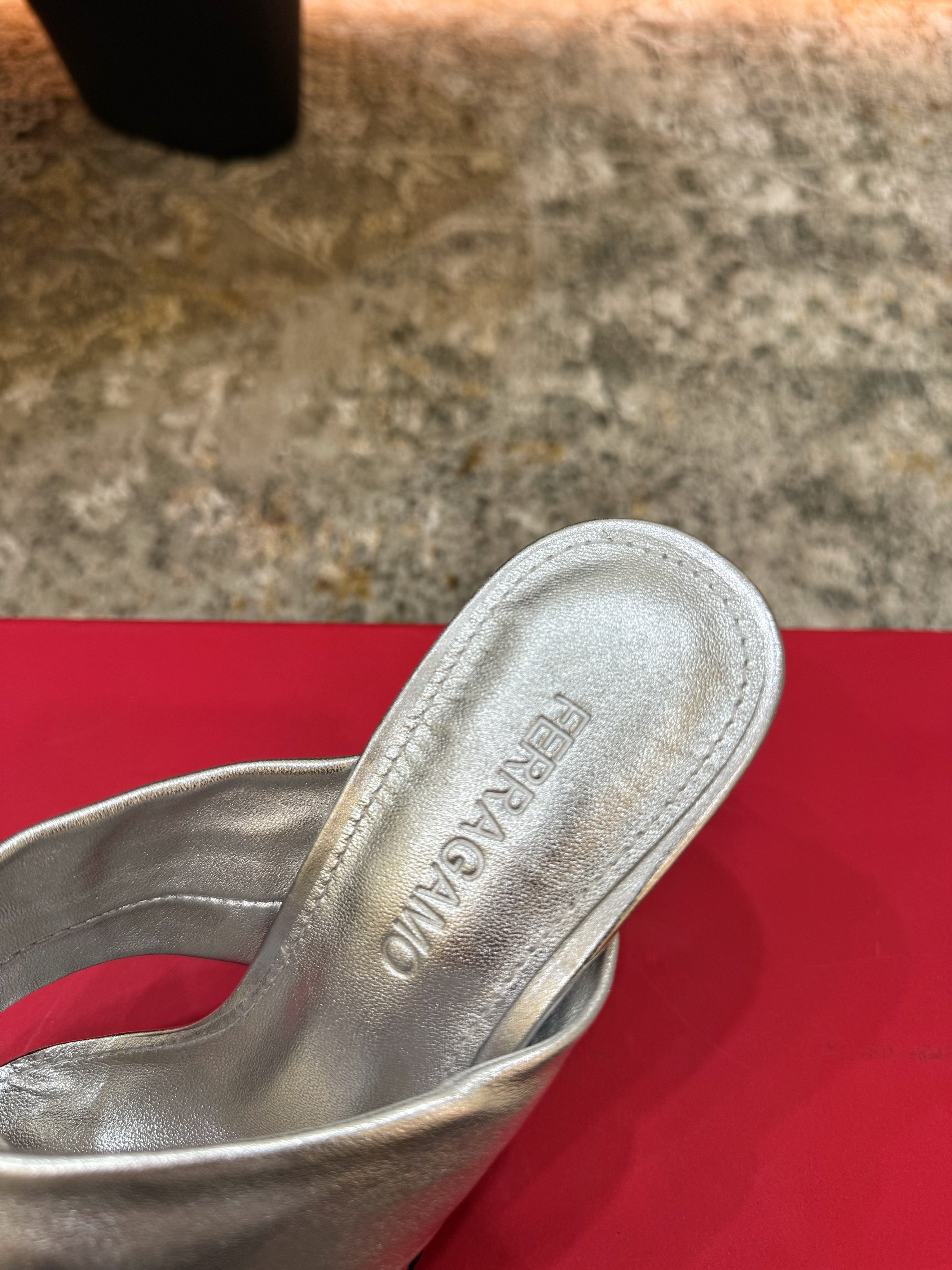 Ferragamo Gancini-Heel Padded Sandals 9cm Sliver Cowhide 694846
