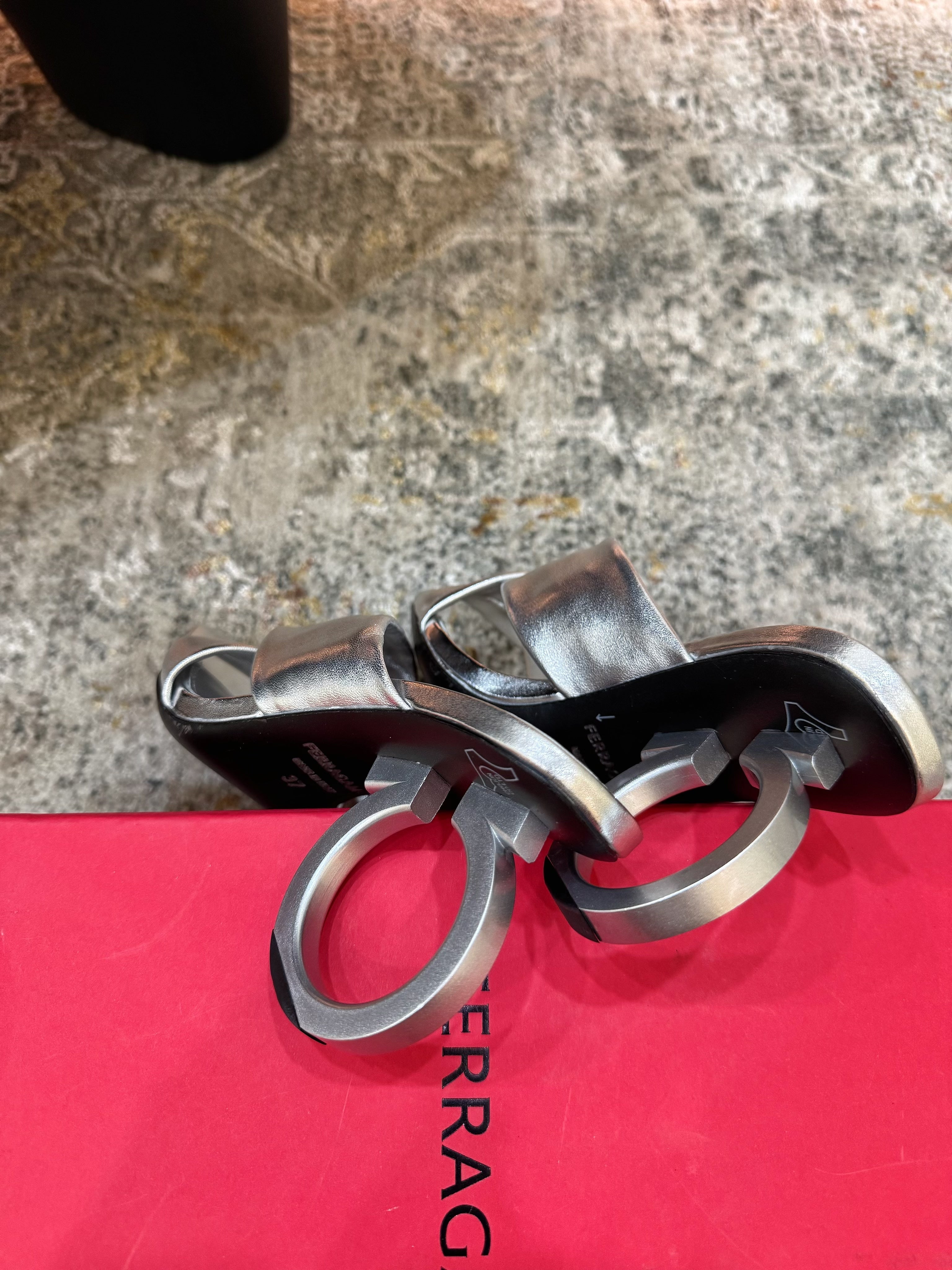 Ferragamo Gancini-Heel Padded Sandals 9cm Sliver Cowhide 694846