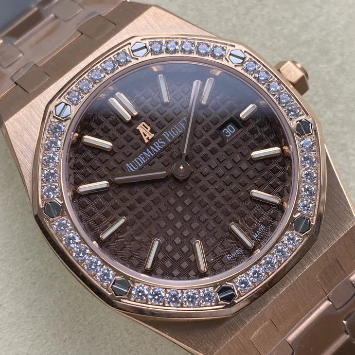Audemars Piguet Royal Oak 33mm Pink Gold Case Brown Dial Diamond Bezel