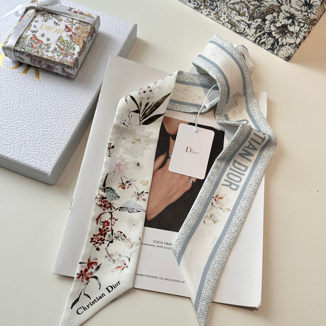 CD Twilly Mini Scarf 105 White Floral Pattern Silk Twill 147669