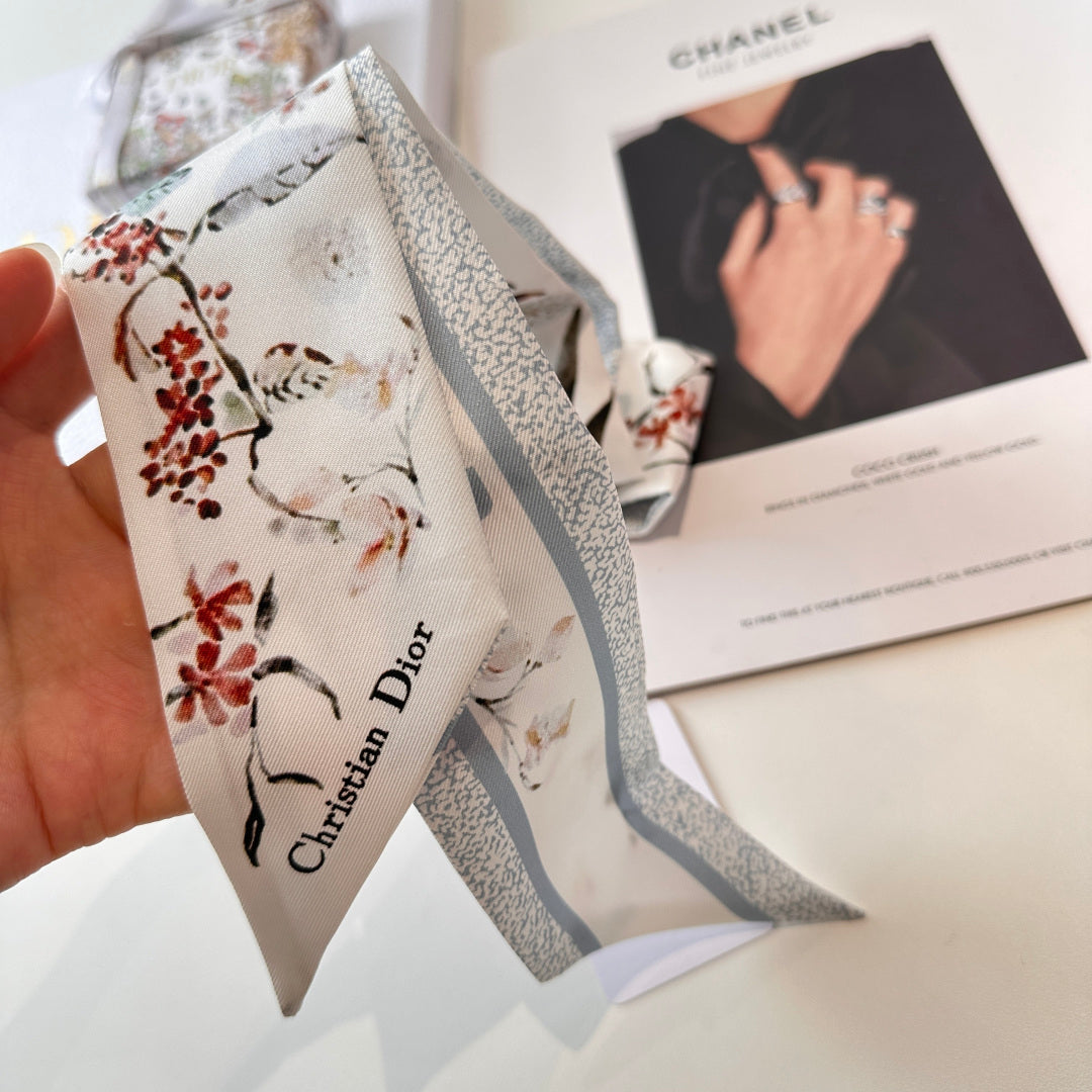 CD Twilly Mini Scarf 105 White Floral Pattern Silk Twill 147669