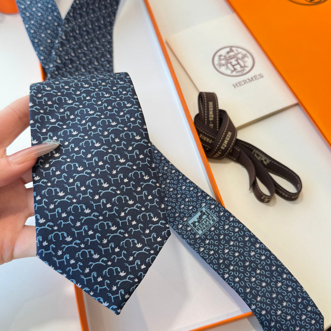 HM Horse Pattern Tie Dark Blue Twill Silk 212123