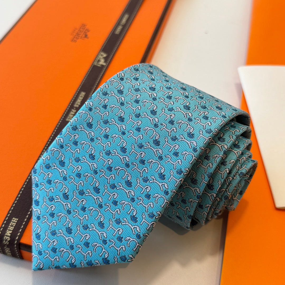 HM Horse Pattern Tie Light Blue Twill Silk 212124