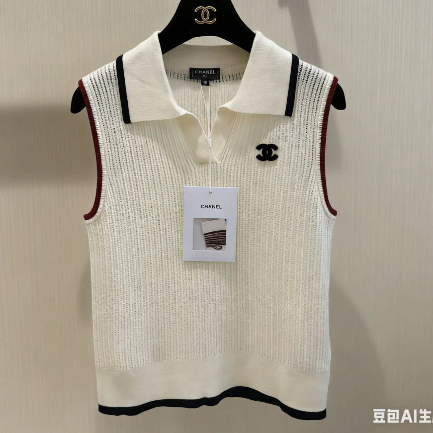 Chanel 2026 Cream Sleeveless Knit Polo Vest Acrylic 230239