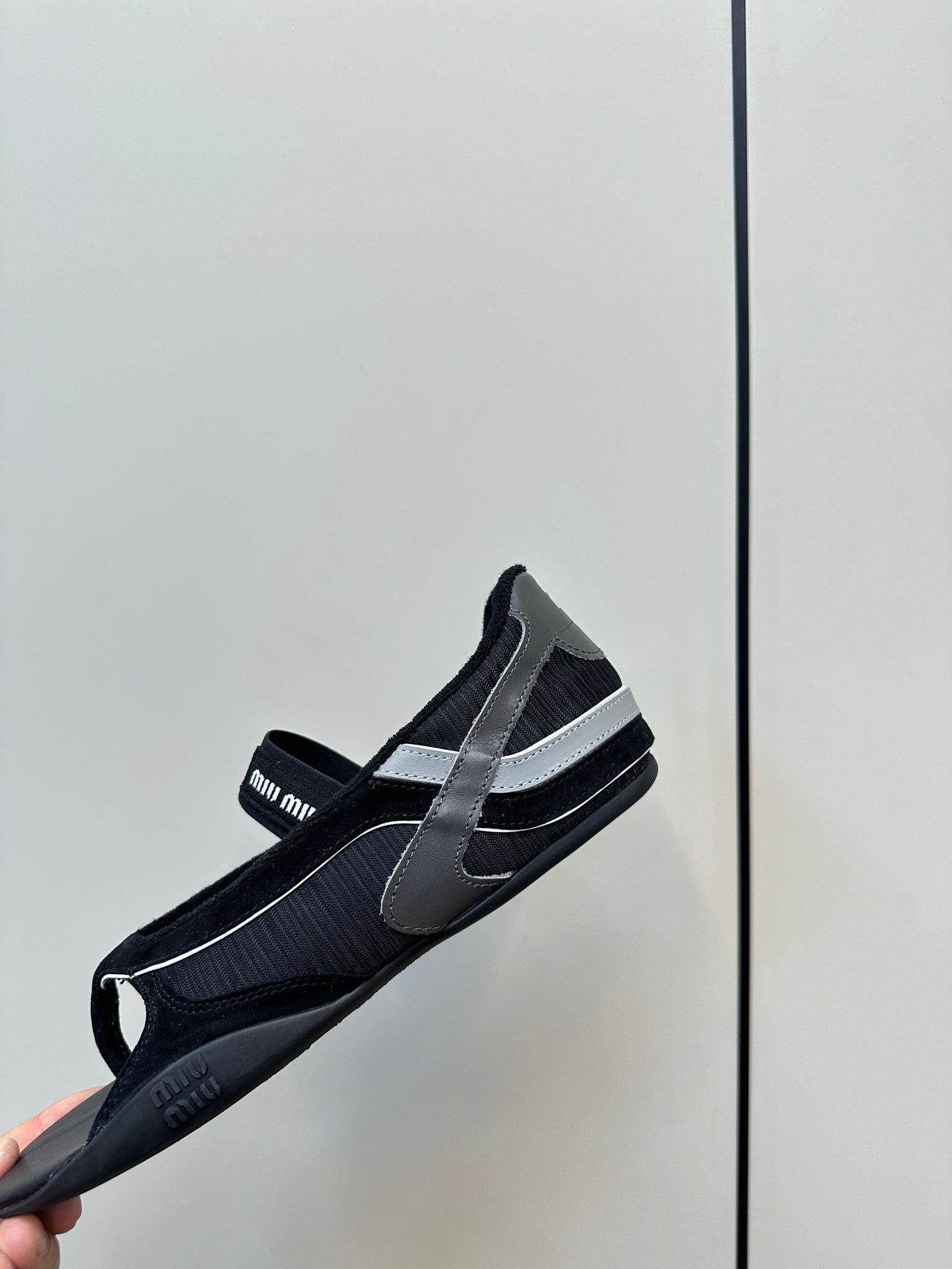 Miu Thong Sandals In Black Suede Mix Tech Fabric