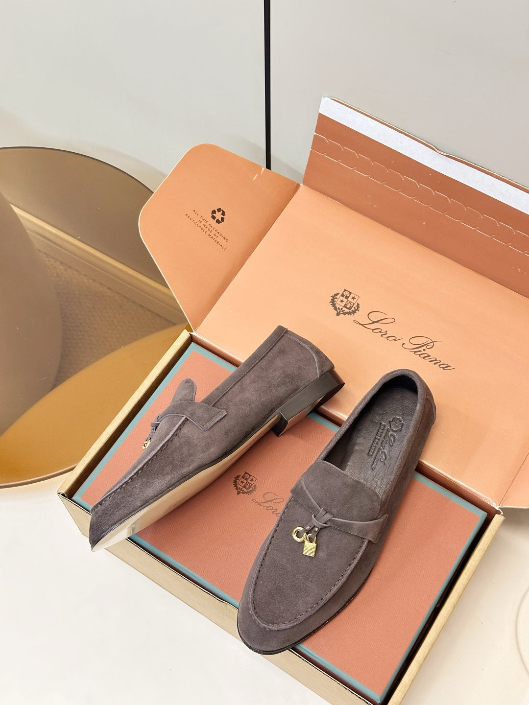 Loro Piana Shoes Joan Loafers Grey Suede Charm 178089