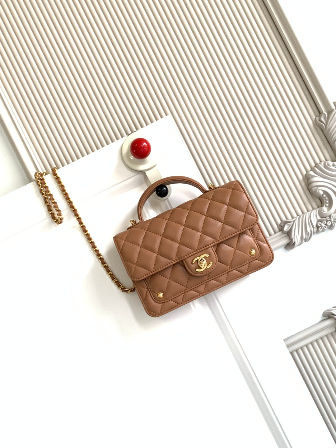 CC Handle Bag 19cm Double C Camel Lambskin Gold Hardware