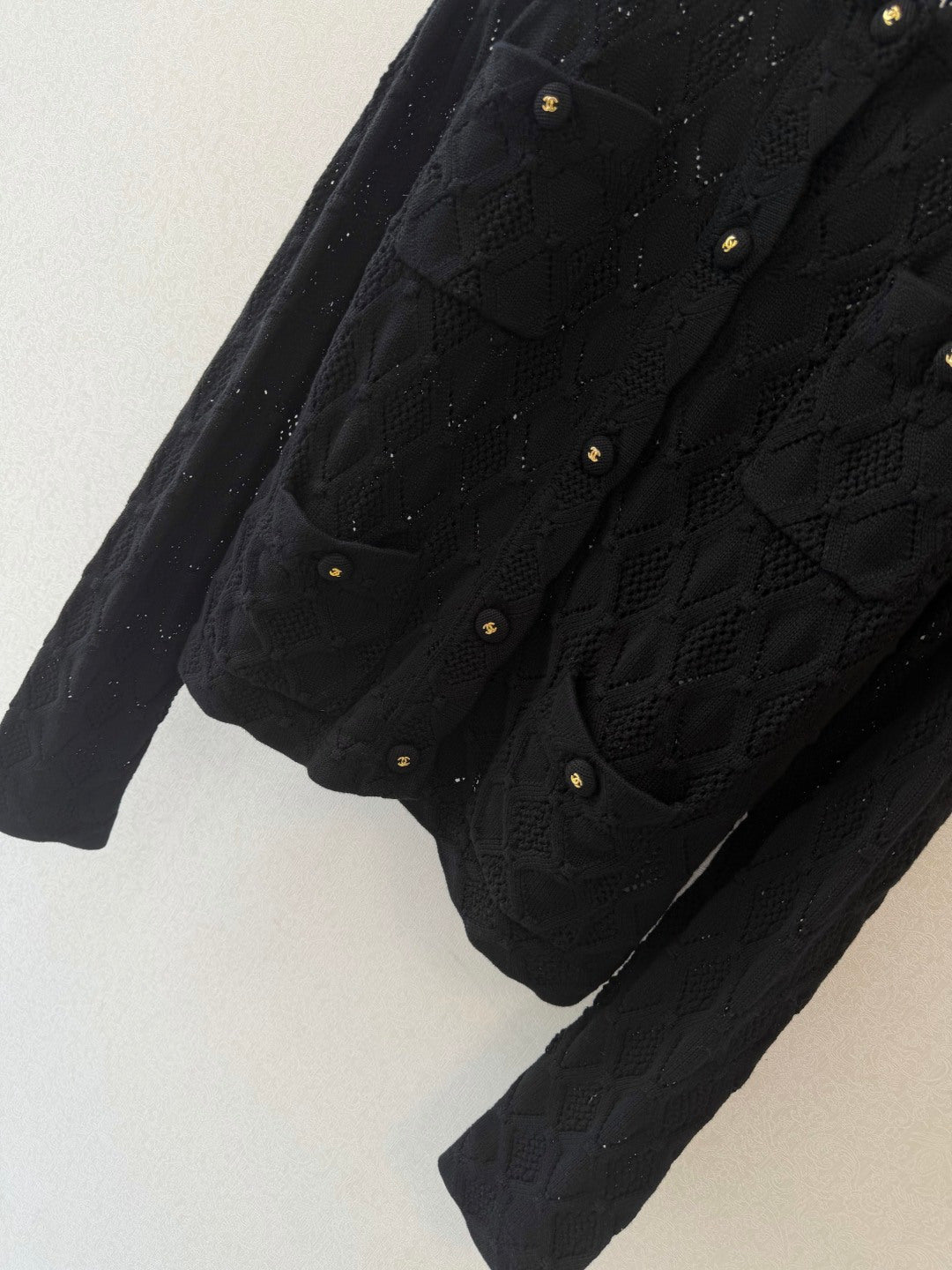 CC 26s Diamond Pattern Knit Cardigan Black Wool Cotton 423142