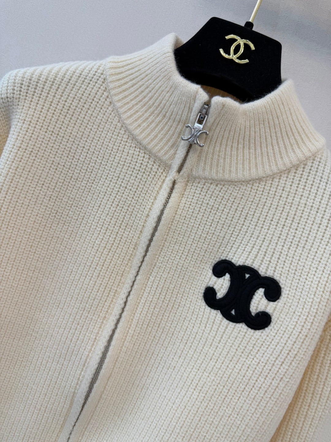 Celine 26s Turtleneck Knit Cardigan Ivory Wool 423144