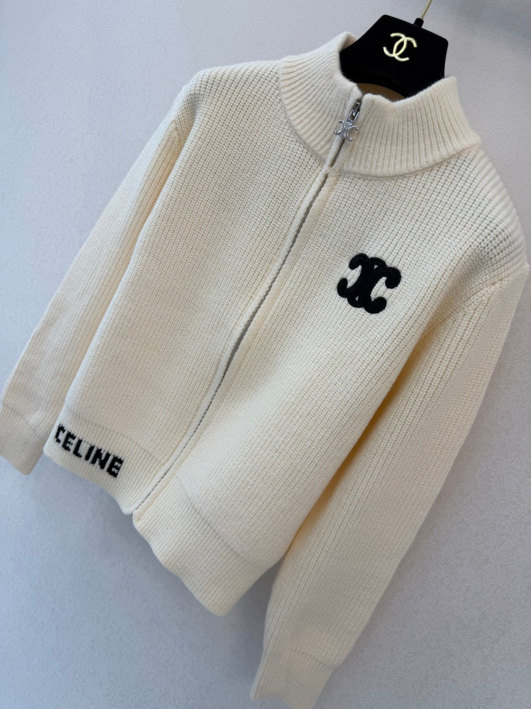 Celine 26s Turtleneck Knit Cardigan Ivory Wool 423144
