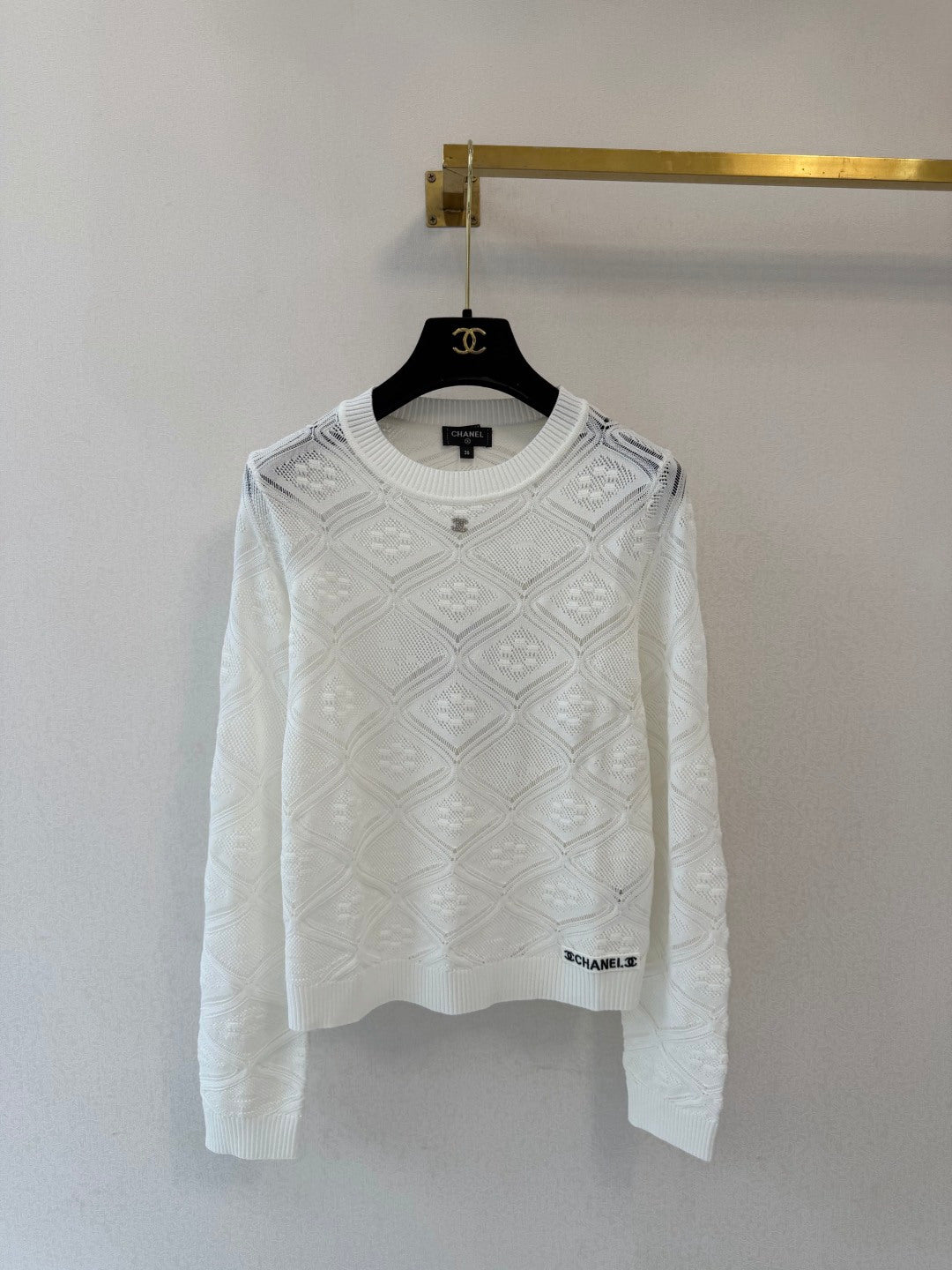 CC 26s Diamond Open-Knit Crewneck Sweater White Wool 423111