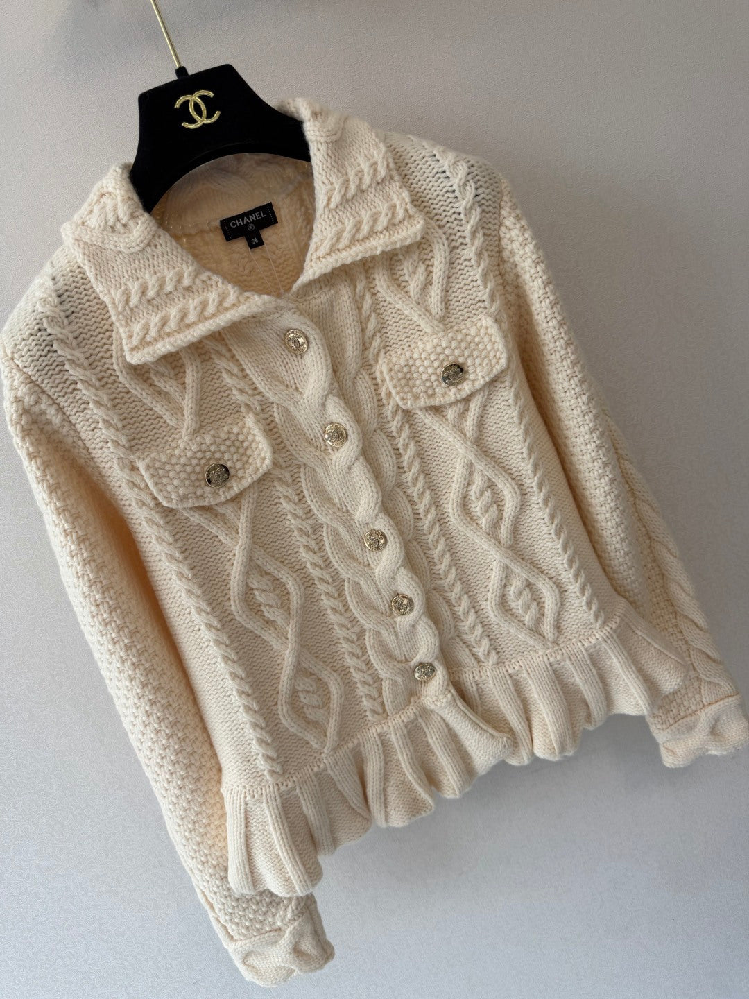 Chanel 2026 Cable Knit Ruffle Hem Collared Cardigan Jacket Cashmere 438210
