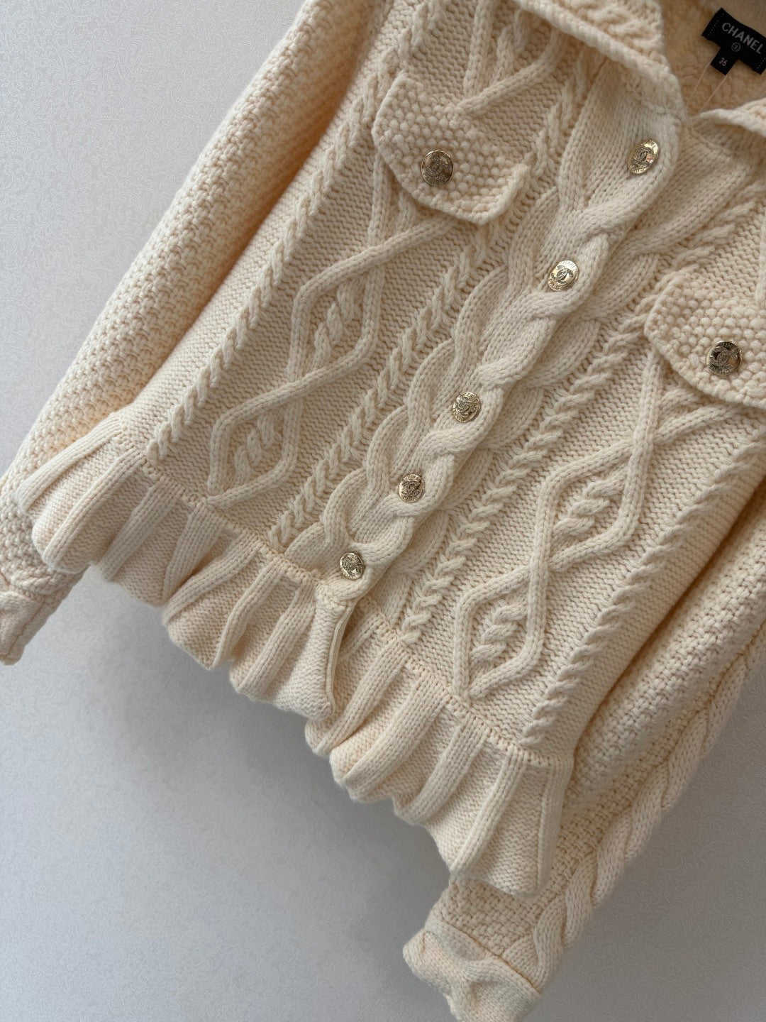 Chanel 2026 Cable Knit Ruffle Hem Collared Cardigan Jacket Cashmere 438210