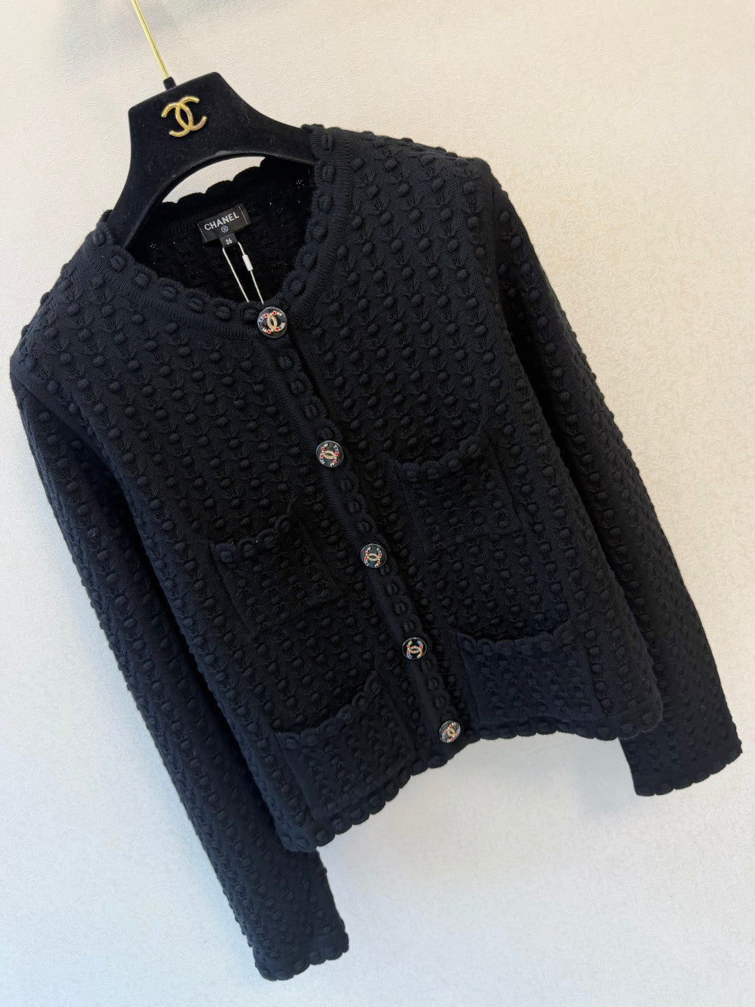 Chanel 2026 Textured Bubble Knit Round Neck Cardigan Jacket Cotton Silk Blend 438201