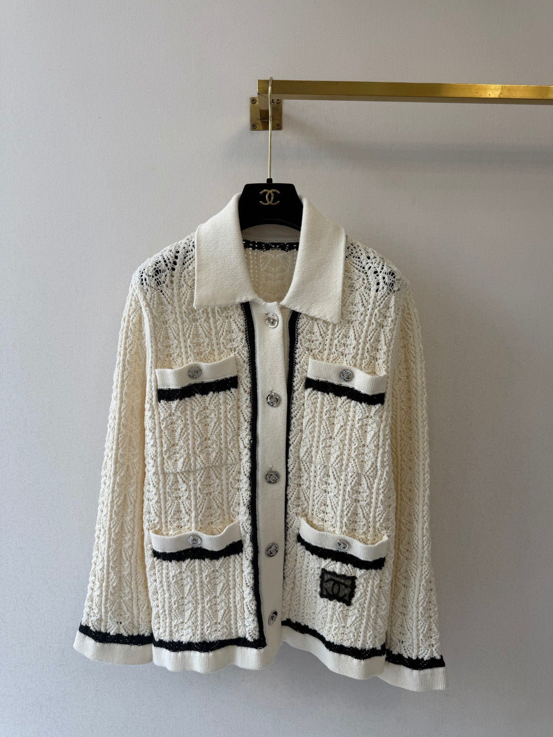 Chanel 26s Open Knit Cardigan White Cotton Blend Contrast Trim 441883