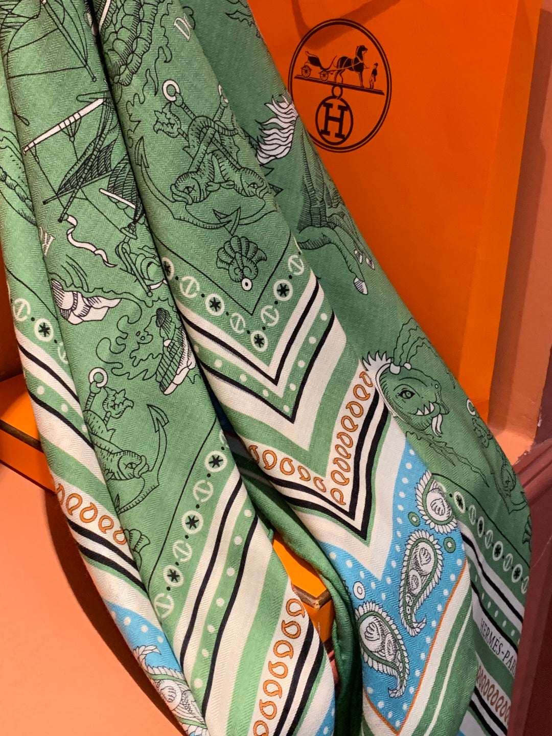 HM 25s Sailor Tattoo Scarf 140cm Green Beige Cashmere Silk 967417