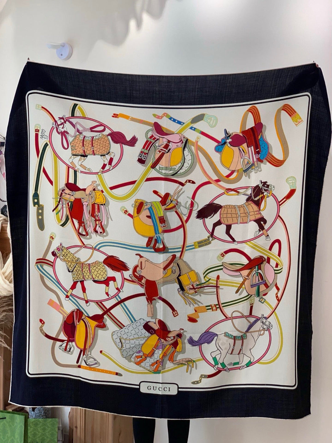 GG Double-sided Scarf Black White 135CM Cashmere Silk 143721