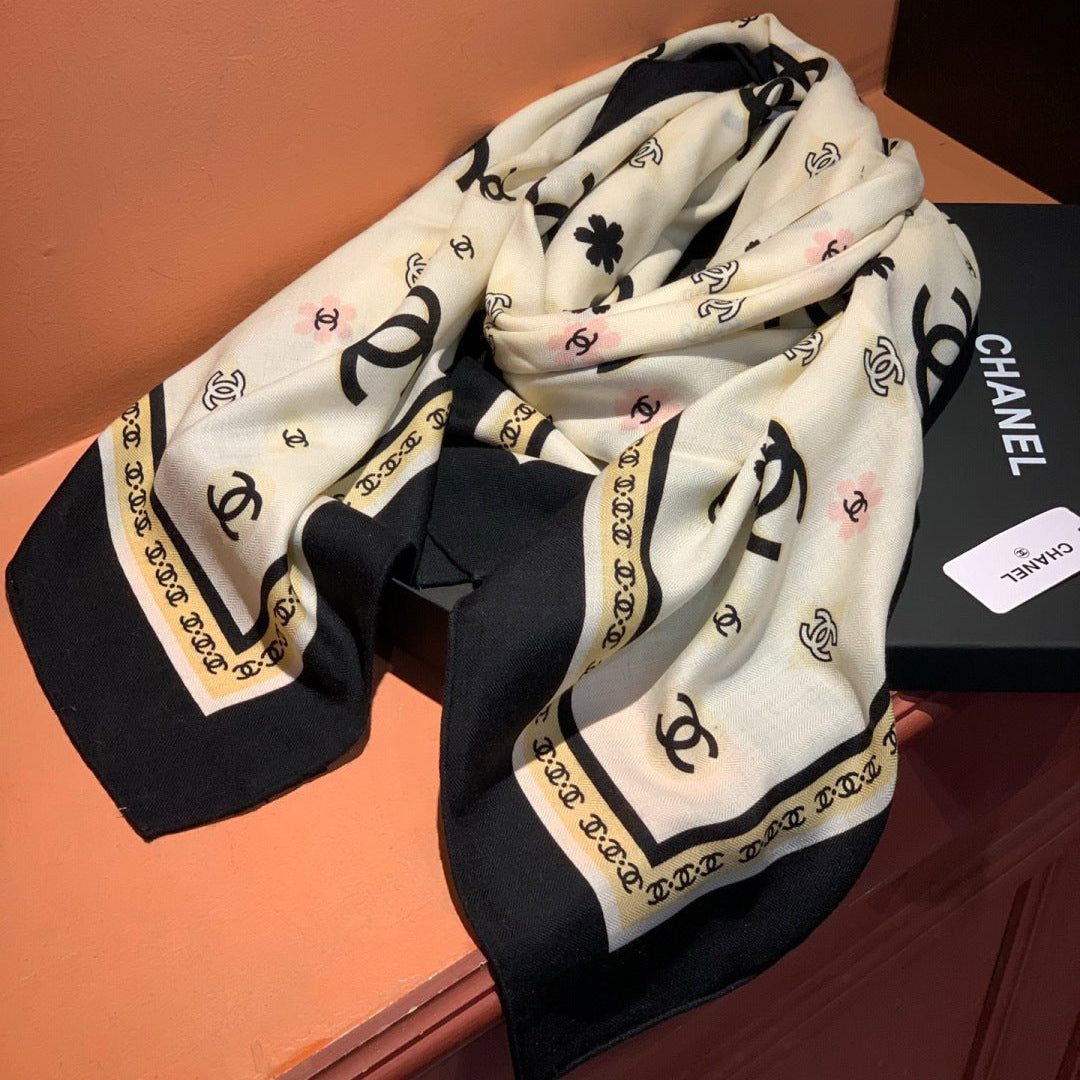 CC Scarf 140cm White Monogram Silk Cashmere 143731