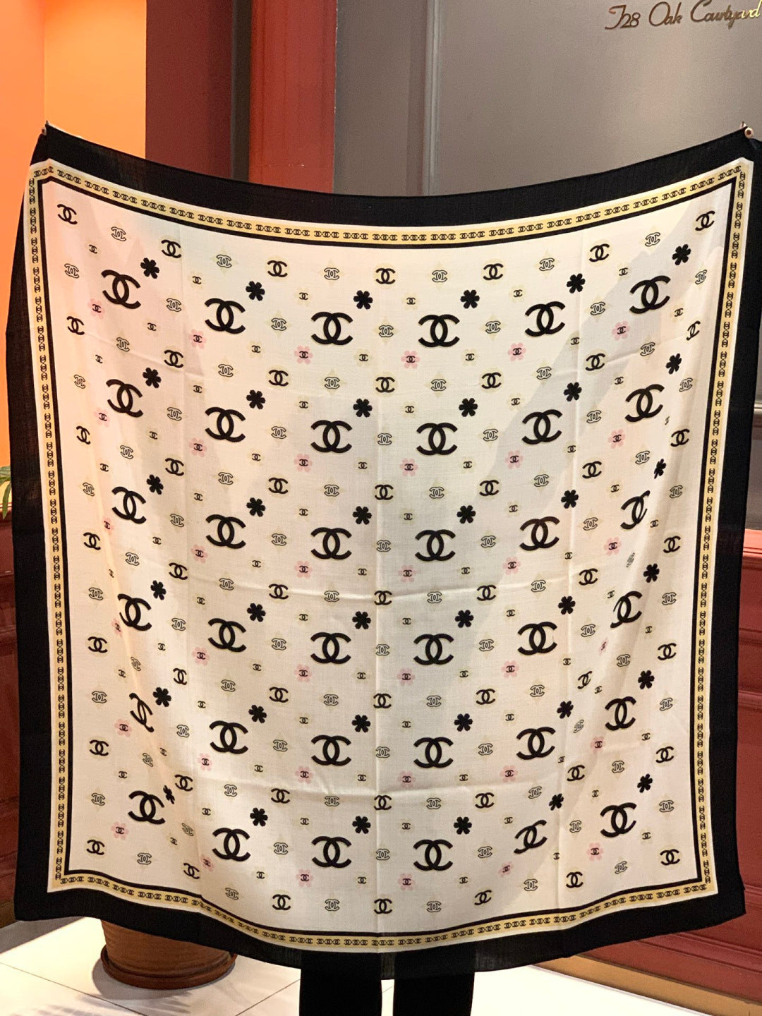 CC Scarf 140cm White Monogram Silk Cashmere 143731