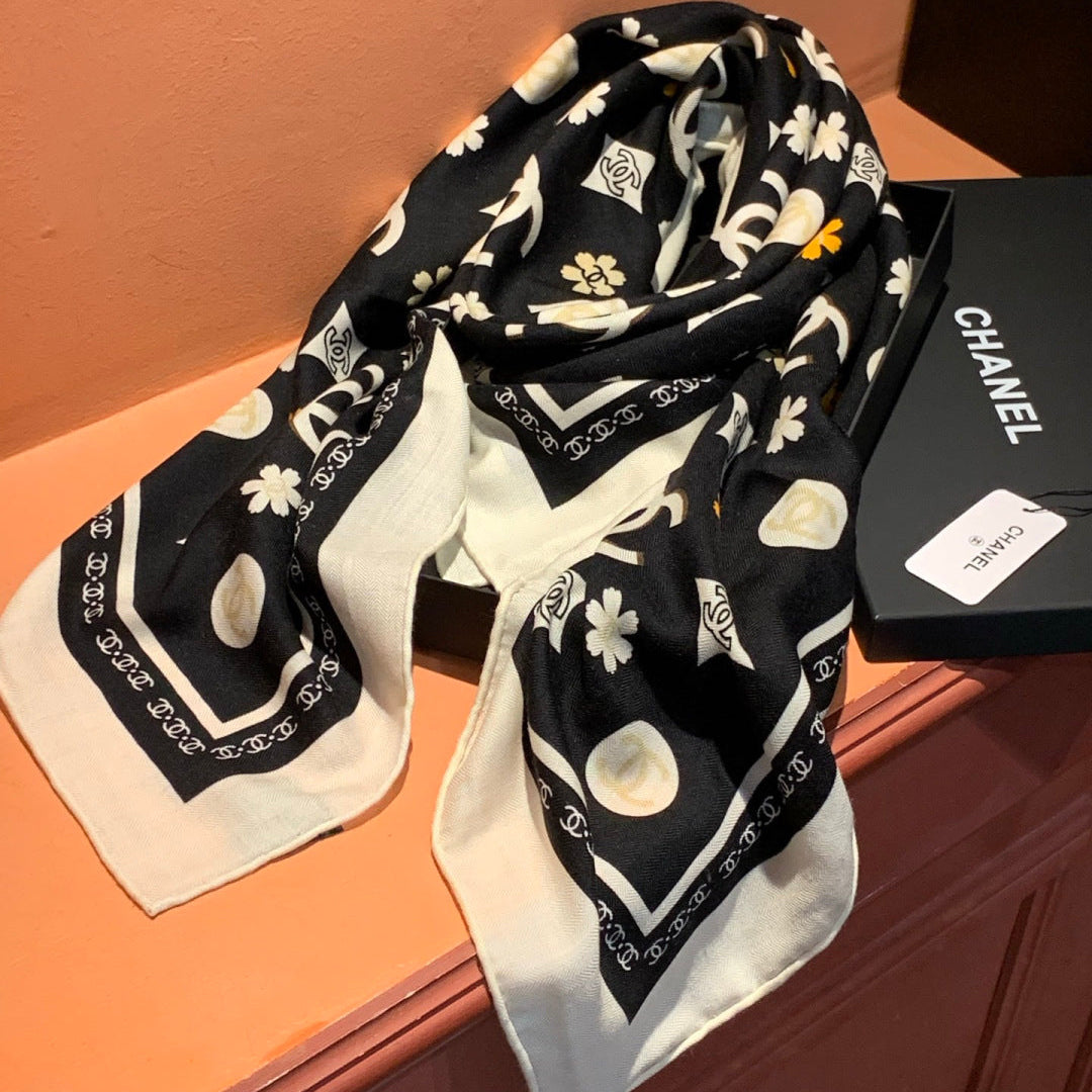 CC Scarf 140cm Black Monogram Silk Cashmere 143733