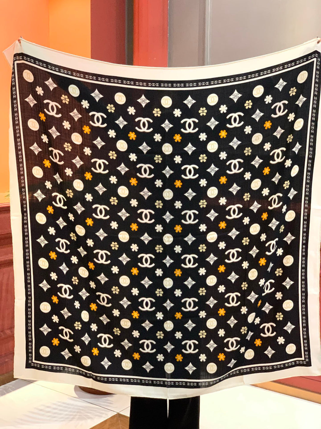 CC Scarf 140cm Black Monogram Silk Cashmere 143733