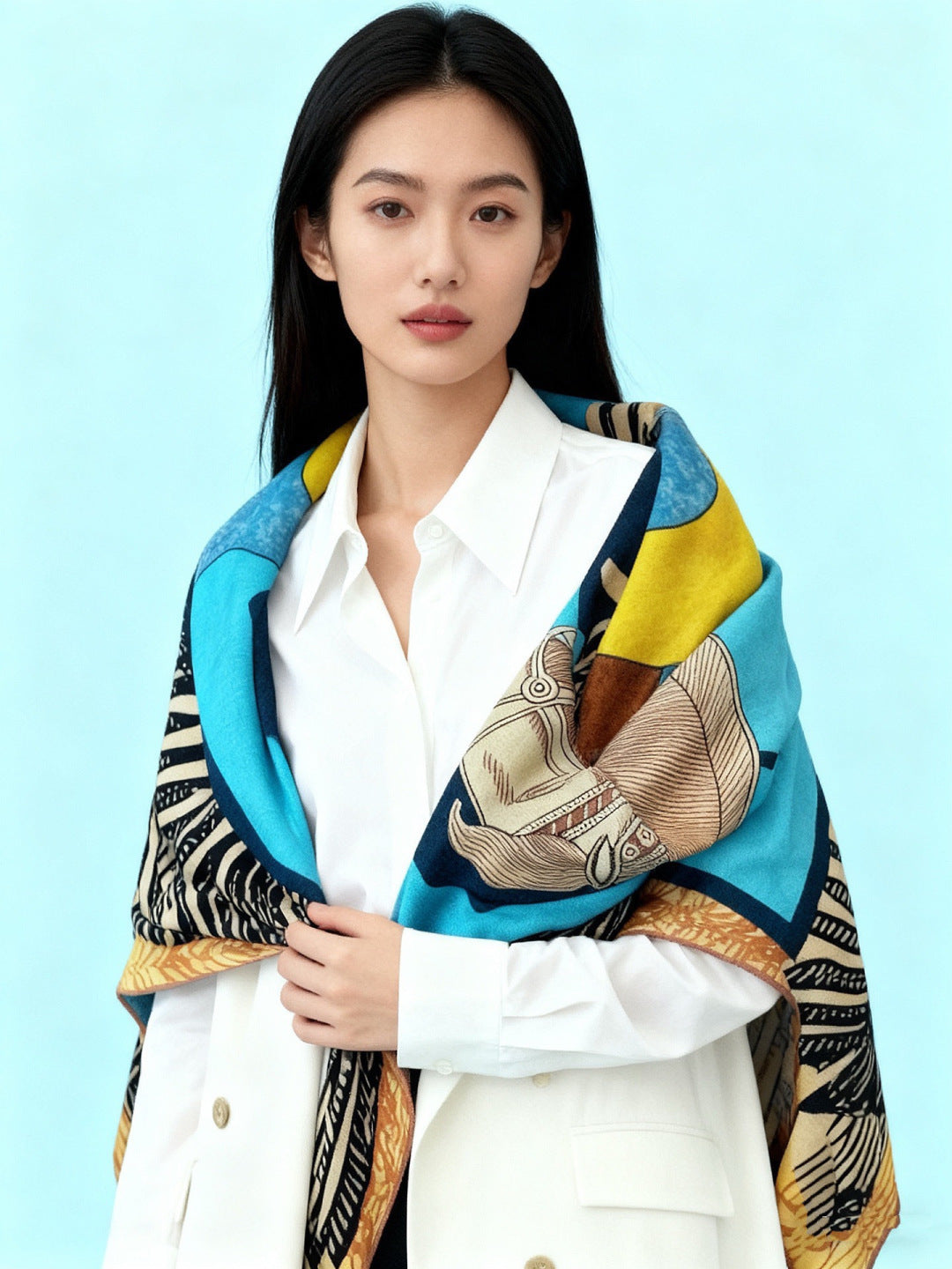 HM 26s Double-sided Scarf 140cm Bleu Yellow Silk Cashmere 153140