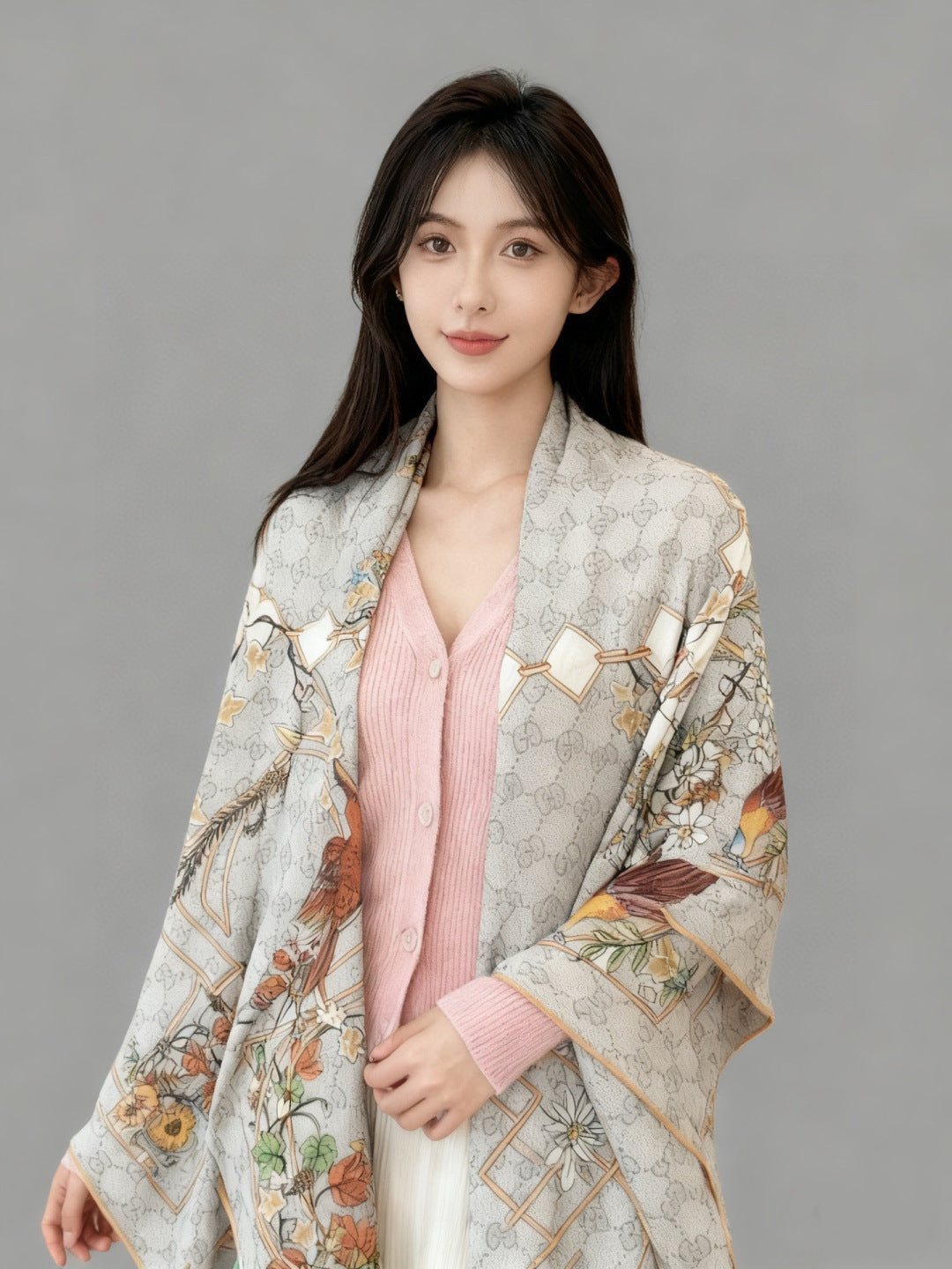 GG Printed Silk Twill Carré 140cm Grey Multicolour Mulberry Silk Twill 153147