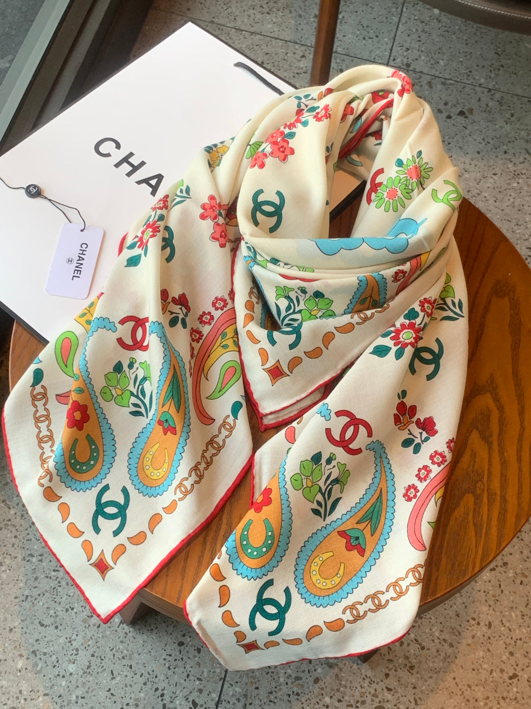 CC Double-Sided Scarf 135cm Ivory Multicolor Mulberry Silk Cashmere 153168