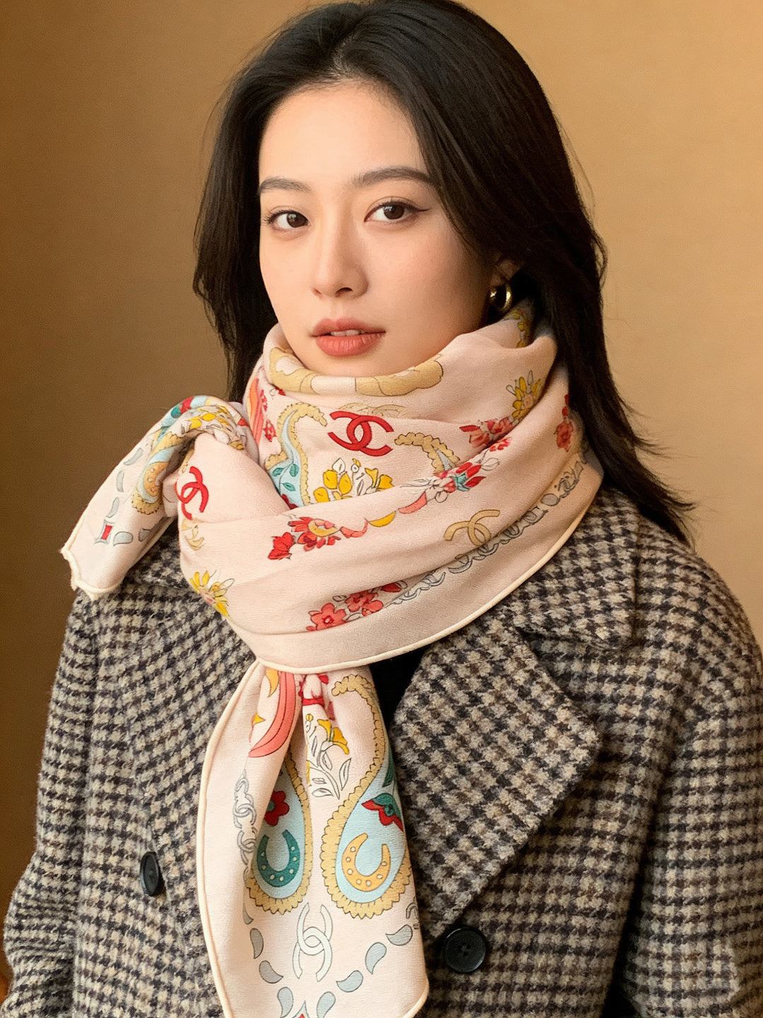 CC Double-Sided Scarf 135cm Ecru Off-white Cream Mulberry Silk Cashmere 153170