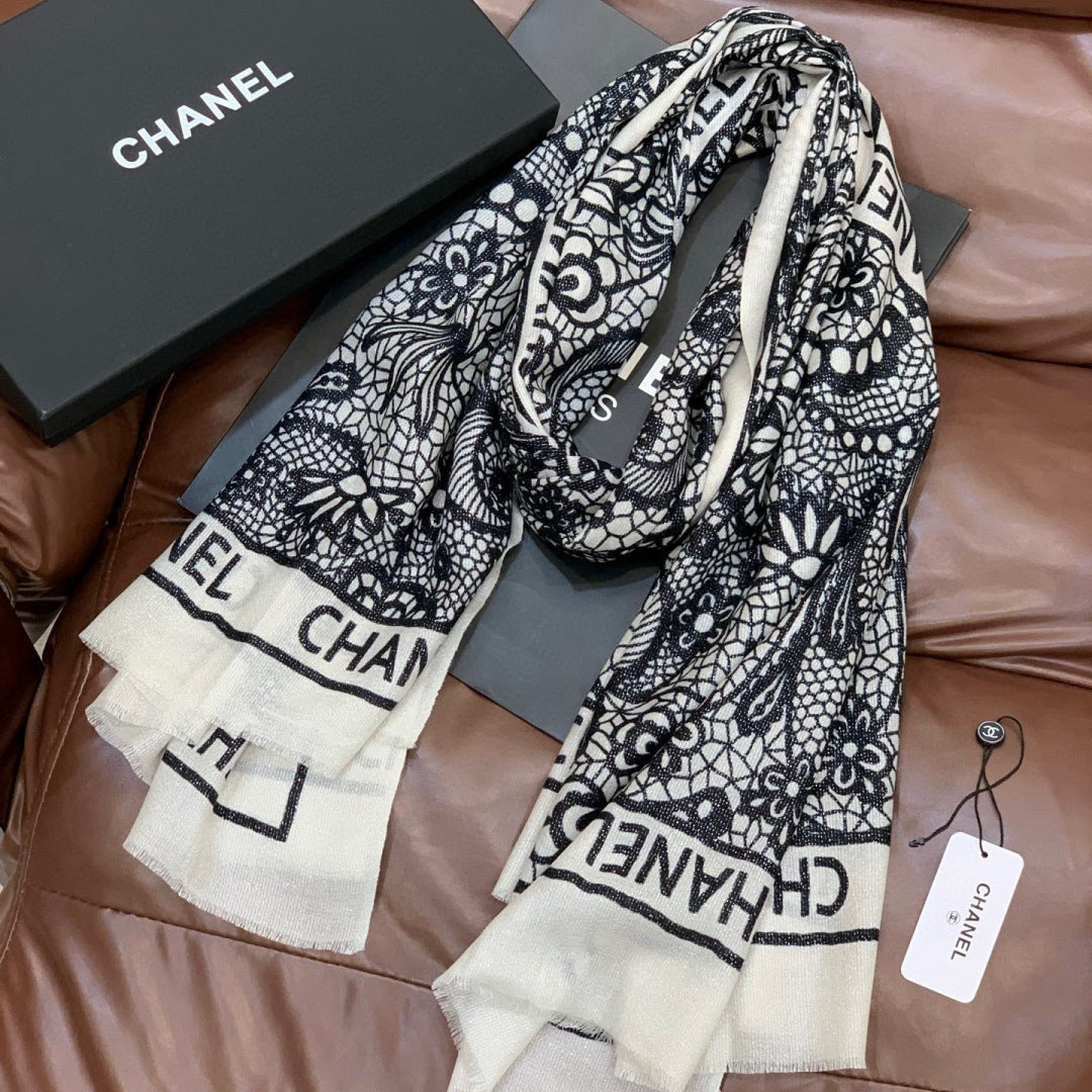 CC Double-Sided Scarf 100*200cm White Black Cashmere 153172