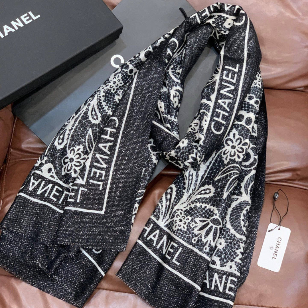 CC Double-Sided Scarf 100*200cm Black White Cashmere 153173