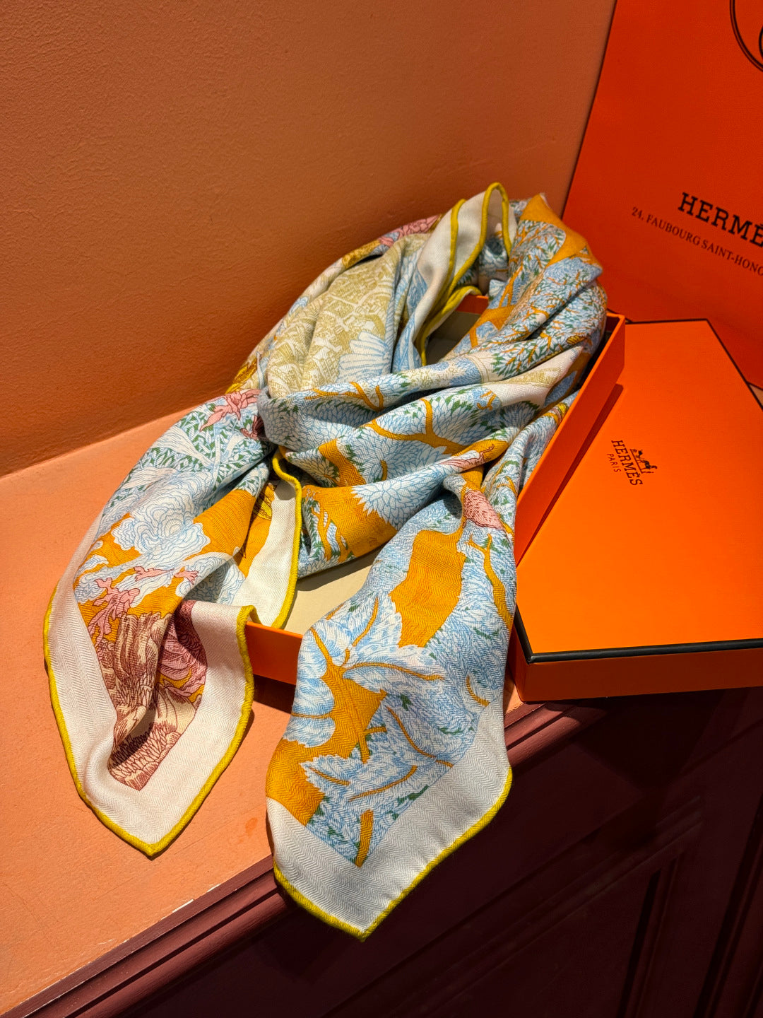Retour a la Nature Scarf 140cm Yellow Colorful Cashmere Silk