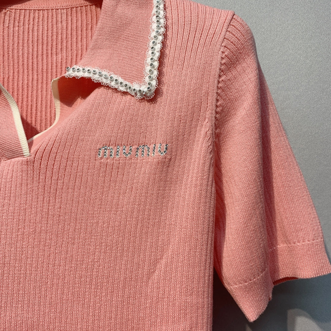 Miu SS26 Knitted Collared Lace Beaded Logo Top Light Coral Cotton Silk 350904