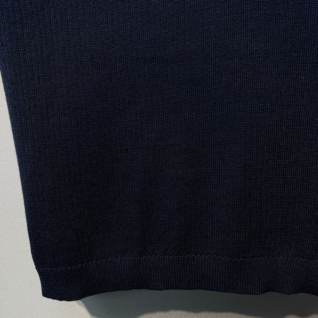 Miu SS26 Knitted Collared Lace Beaded Logo Top Dark Blue Cotton Silk 350905
