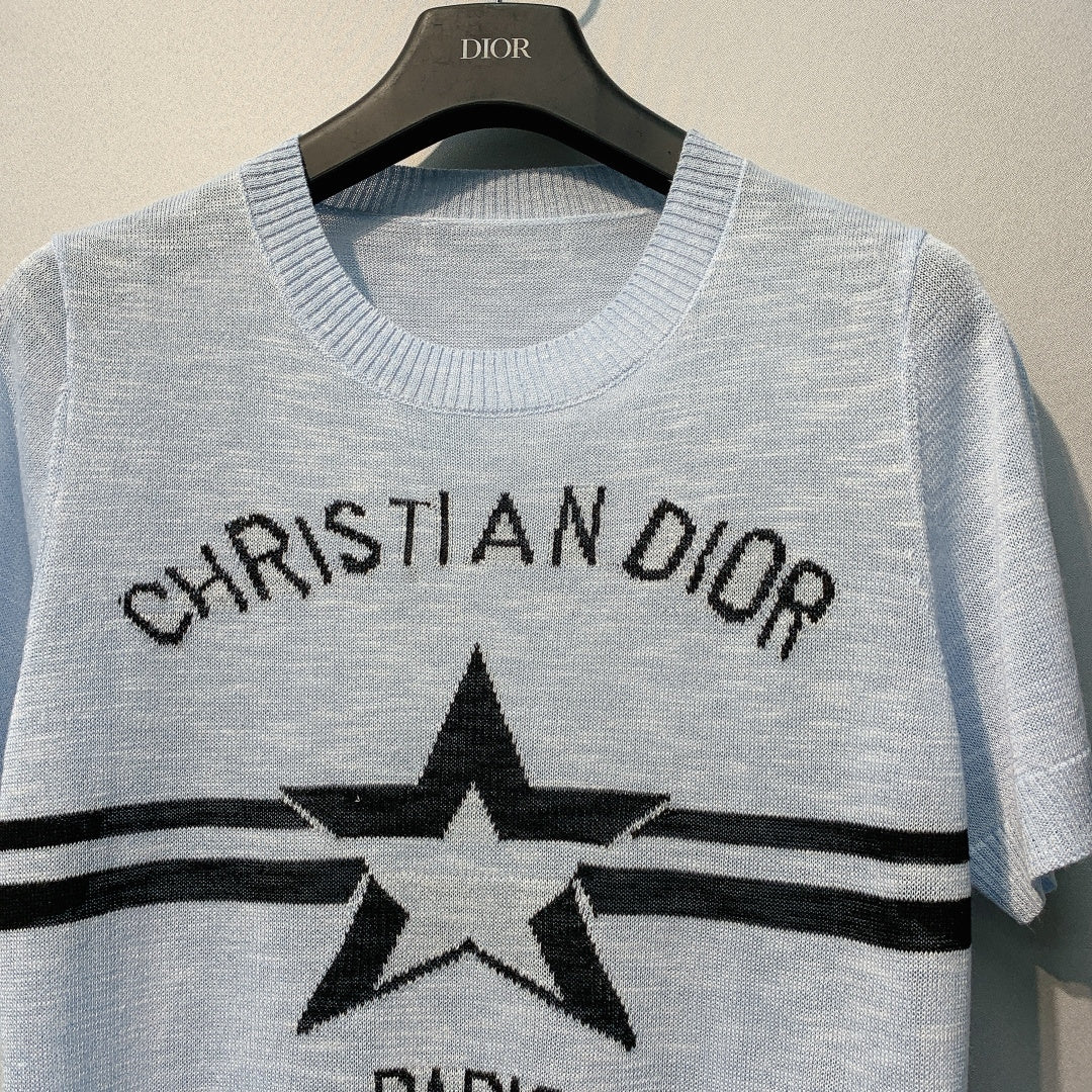 CD SS26 Signature and Star Short-Sleeved Sweater Light Blue Wool 350915