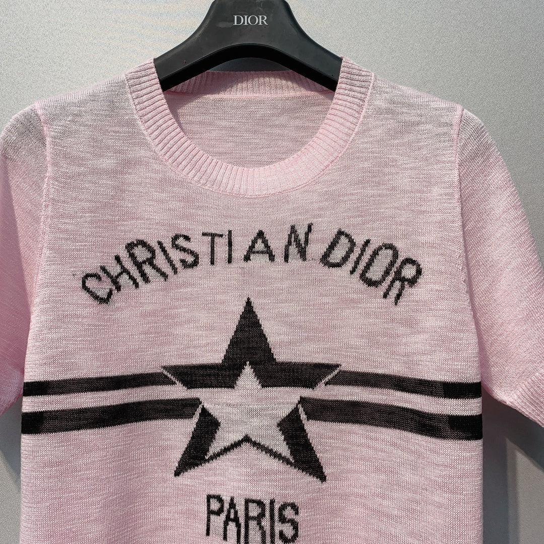 CD SS26 Signature and Star Short-Sleeved Sweater Light Pink Wool 350916