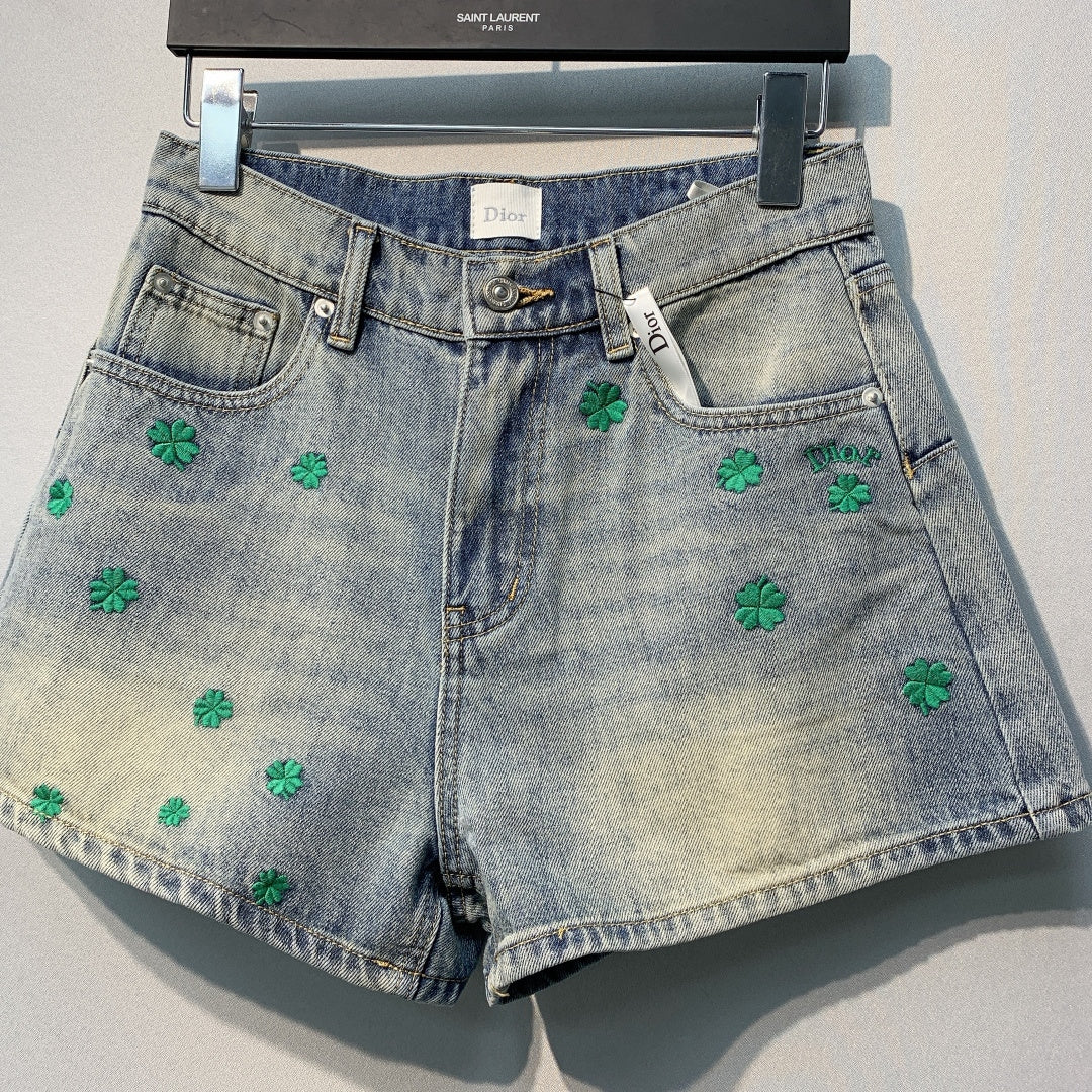 CD Clover Embroidered Shorts Jeans Blue Stonewashed Cotton 350922