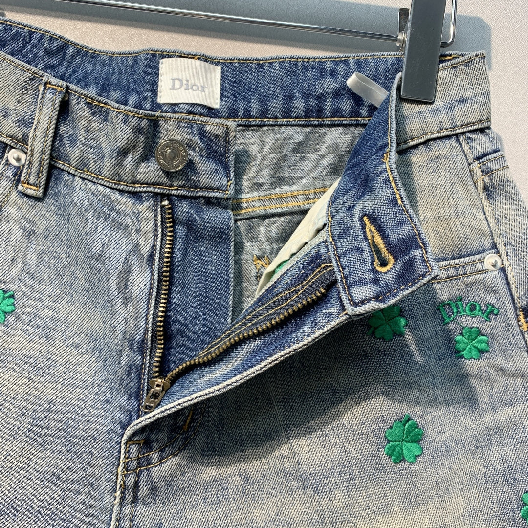 CD Clover Embroidered Shorts Jeans Blue Stonewashed Cotton 350922