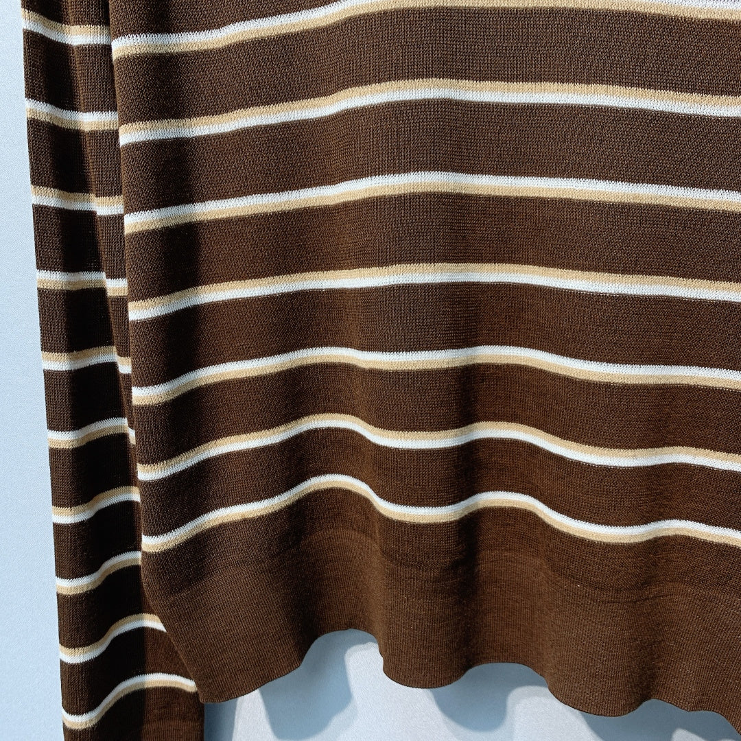 Miu Miu Striped V-Neck T-Shirt Brown Beige Cotton 362614