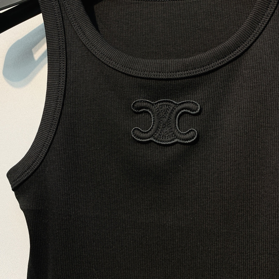 Celine Triomphe Tank Top Black Ribbed Cotton 362633